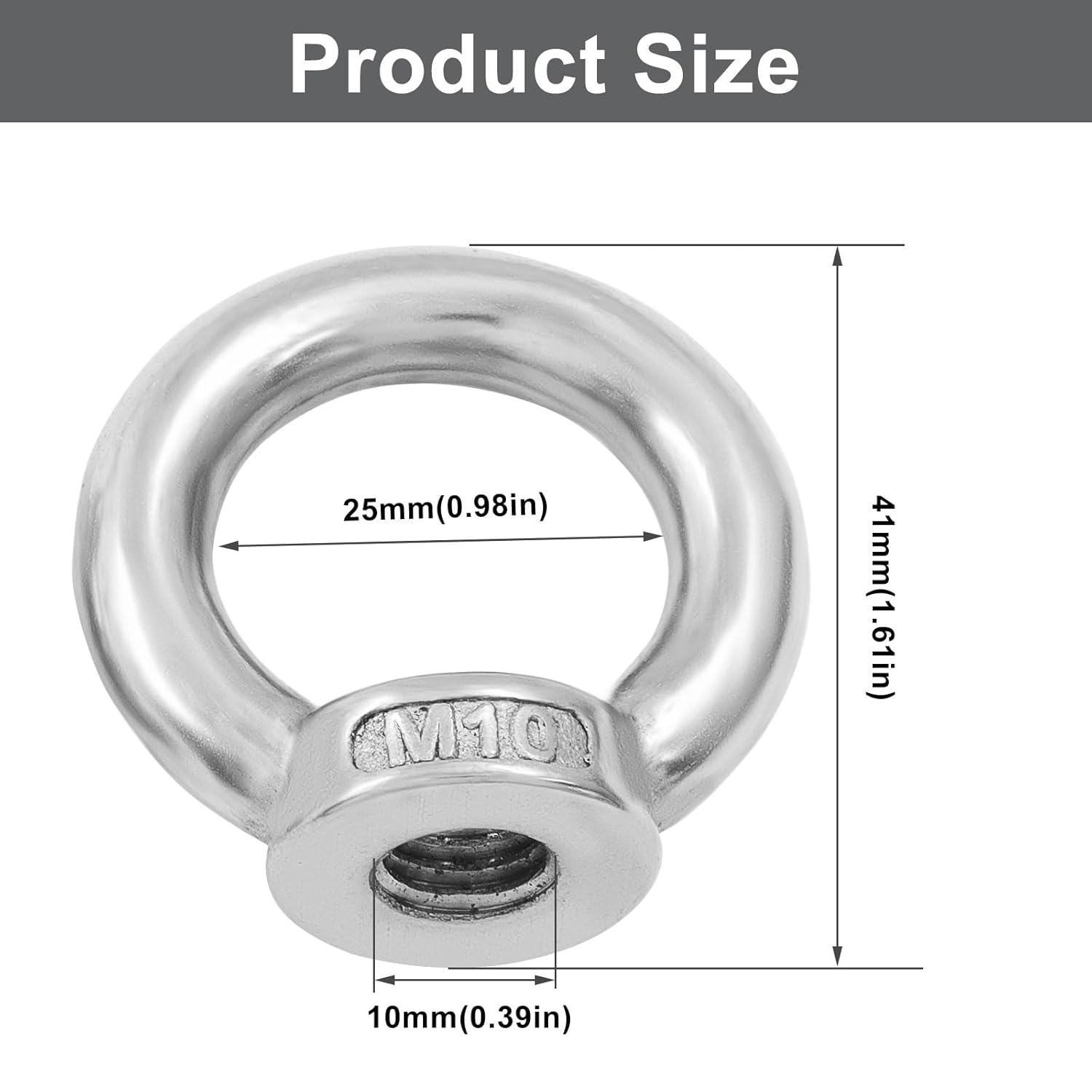 6 Pcs M10 304 Stainless Steel Lifting Eye Nut, 3/8" Metric Ring Shape Nut Threaded Fastener for V1258-DP02-B-3828