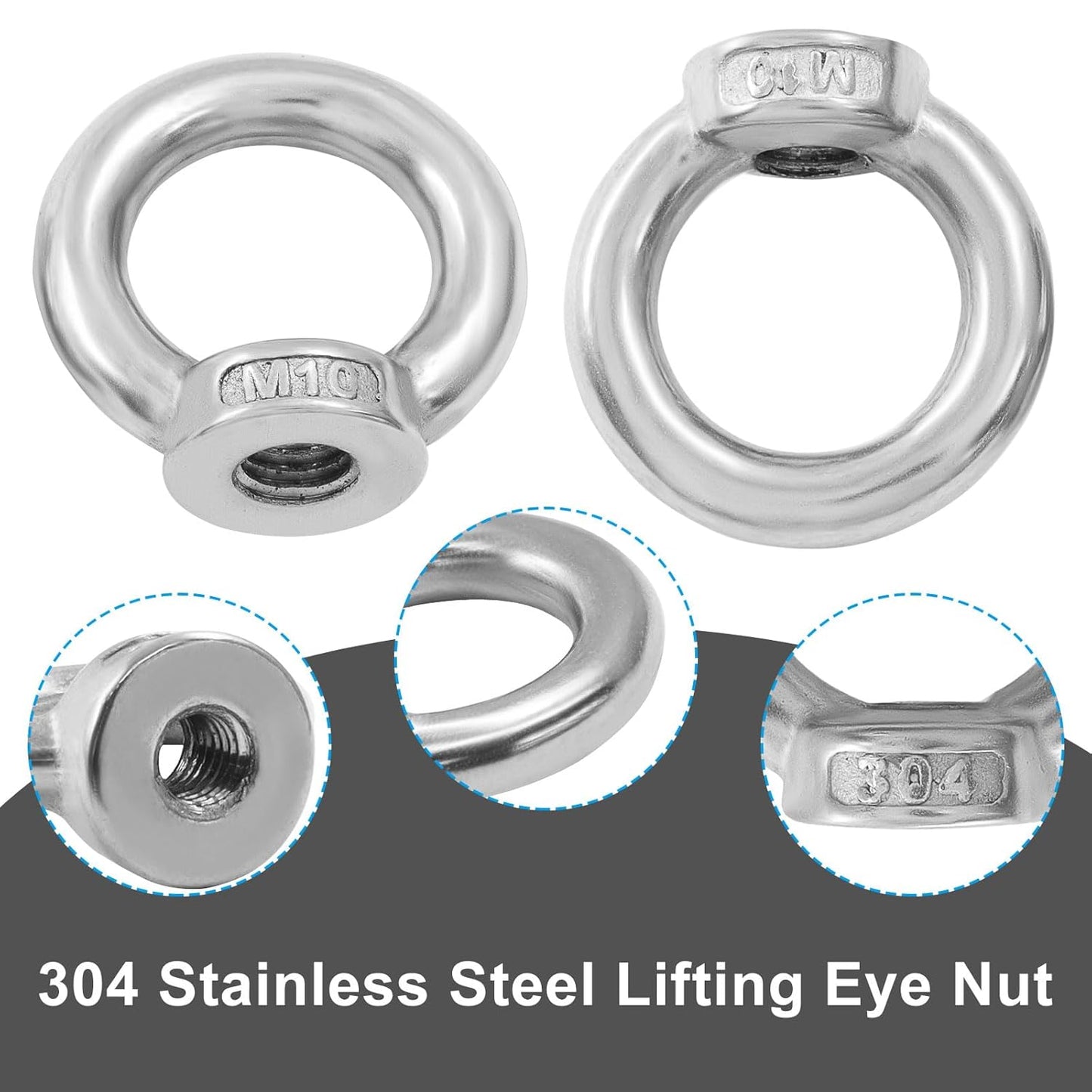 6 Pcs M10 304 Stainless Steel Lifting Eye Nut, 3/8" Metric Ring Shape Nut Threaded Fastener for V1258-DP02-B-3828