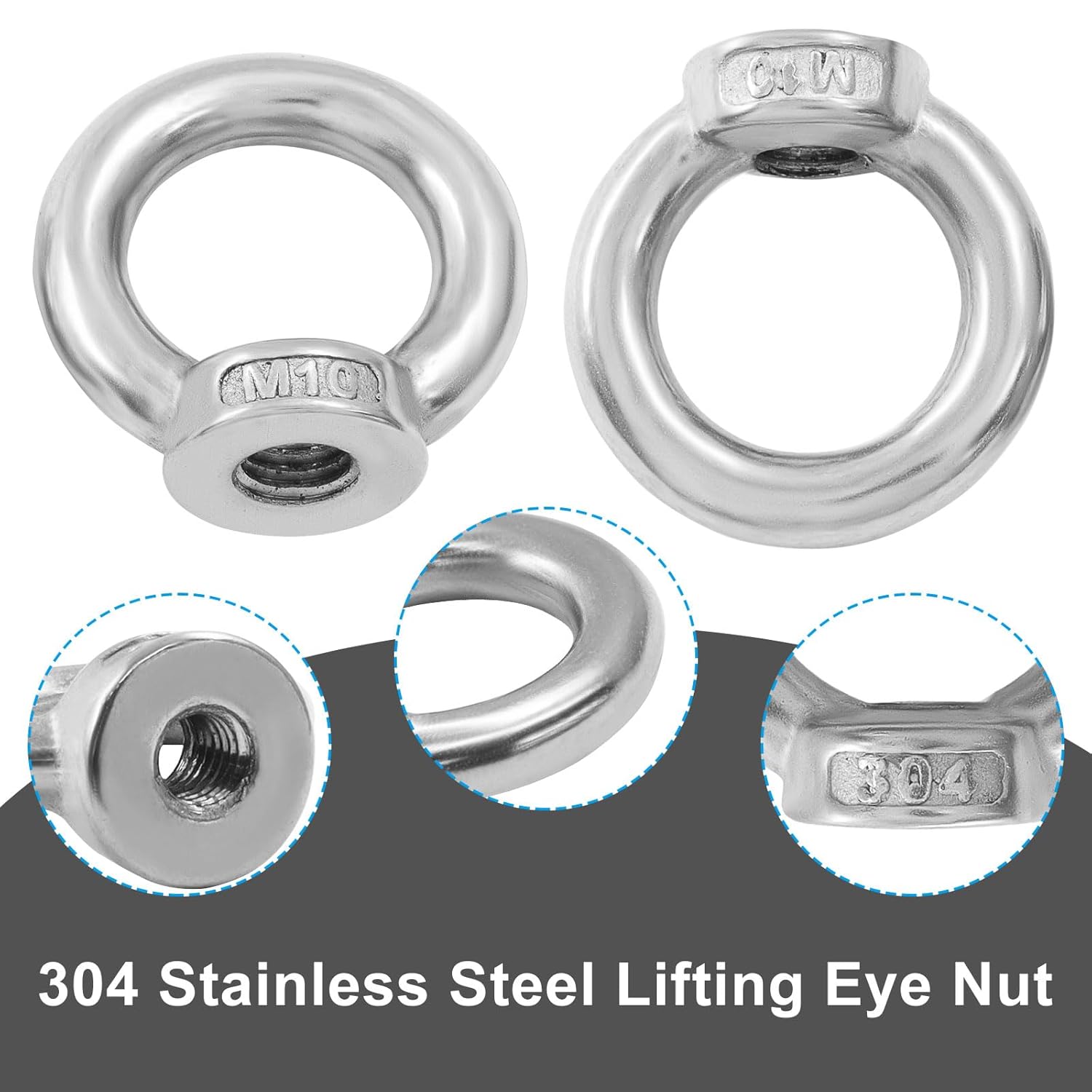 6 Pcs M10 304 Stainless Steel Lifting Eye Nut, 3/8" Metric Ring Shape Nut Threaded Fastener for V1258-DP02-B-3828