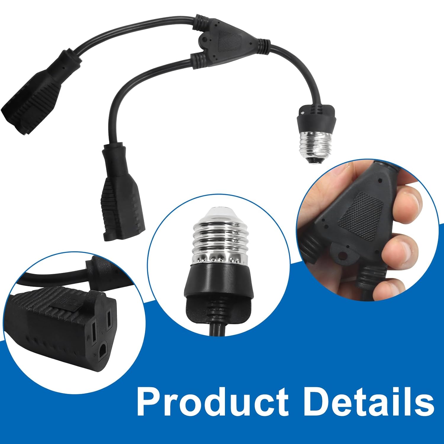 2 in 1 Light Socket Adapter, Convert E26/E27 Bulb Socket to 2 Pieces 3 Prong Outlet for Porch Patio Garage V1258-DP02-B-3838