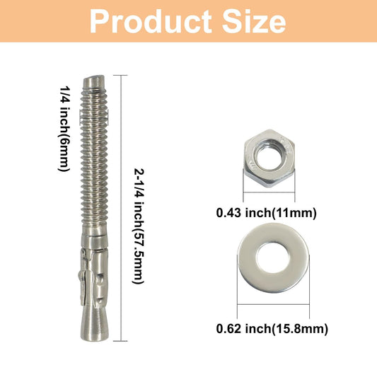 10 Pack 1/4" x 2-1/4" Concrete Anchor, Anti-Rust Anchor Stainless Steel Bolt, Heavy Duty Fastener for Cement V1258-DP02-B-3842