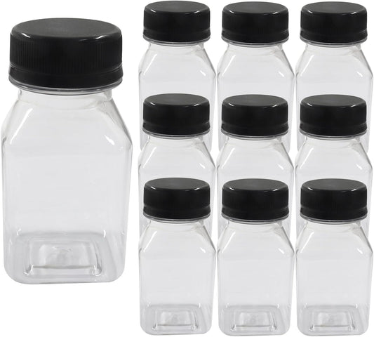10 Pack 4oz Plastic Juice Bottles, Reusable Beverage Containers Clear with Black Lids, Versatile Drink V1258-DP02-B-3849