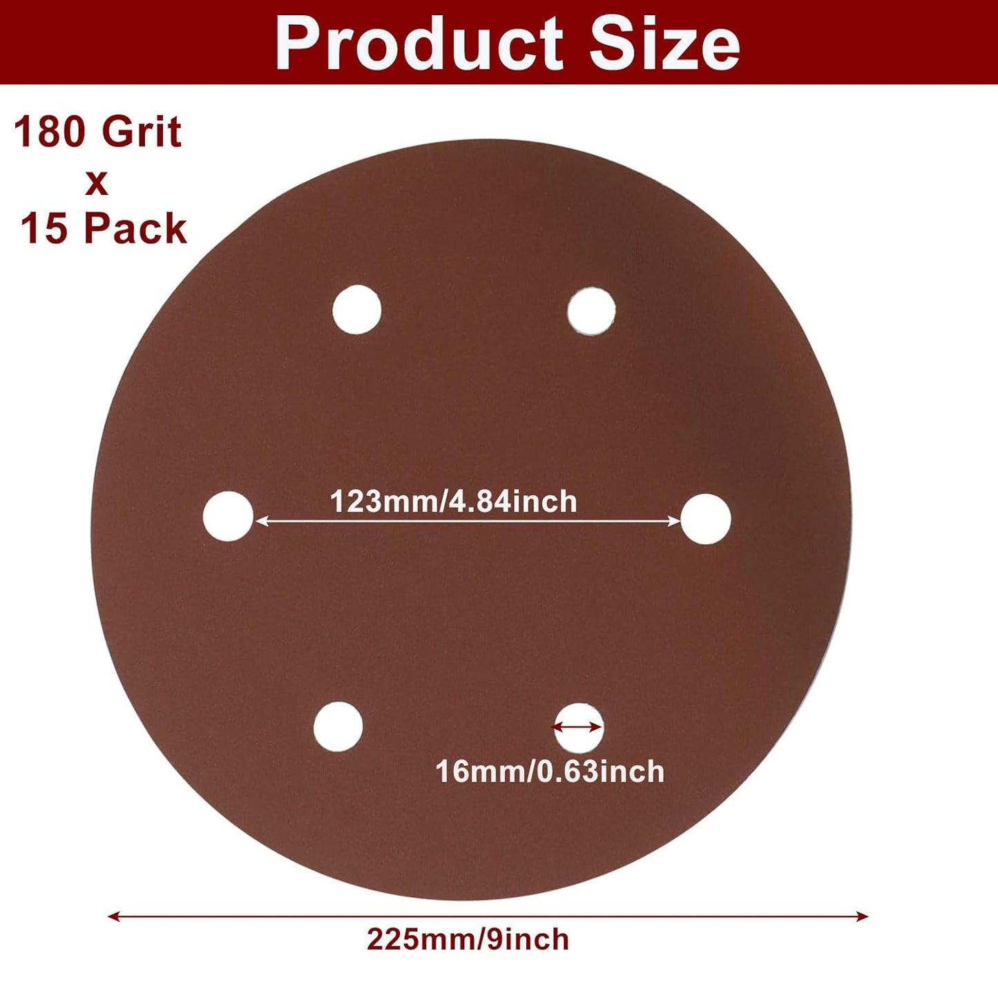 15 Pack 9 Inch 6 Hole Sanding Discs, 180 Grit Hook and Loop Sandpaper, Drywall Sanding Pads for Drywall V1258-DP02-B-3854