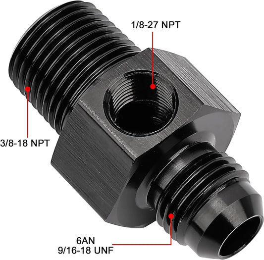 6AN to 3/8 NPT with 1/8" NPT gauge port Fuel Pressure Take off Fitting Adapter Aluminum V1258-DP02-B-3880