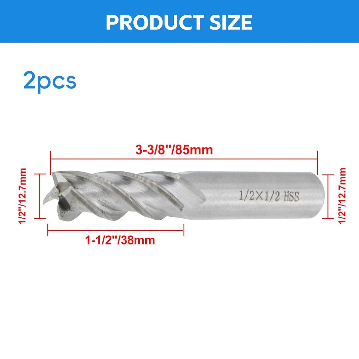 Square End Mill 1/2" Cutting Dia x 1/2" Shank Dia 4 Flute Straight End Mill Cutter - 2pcs V1258-DP02-B-3883