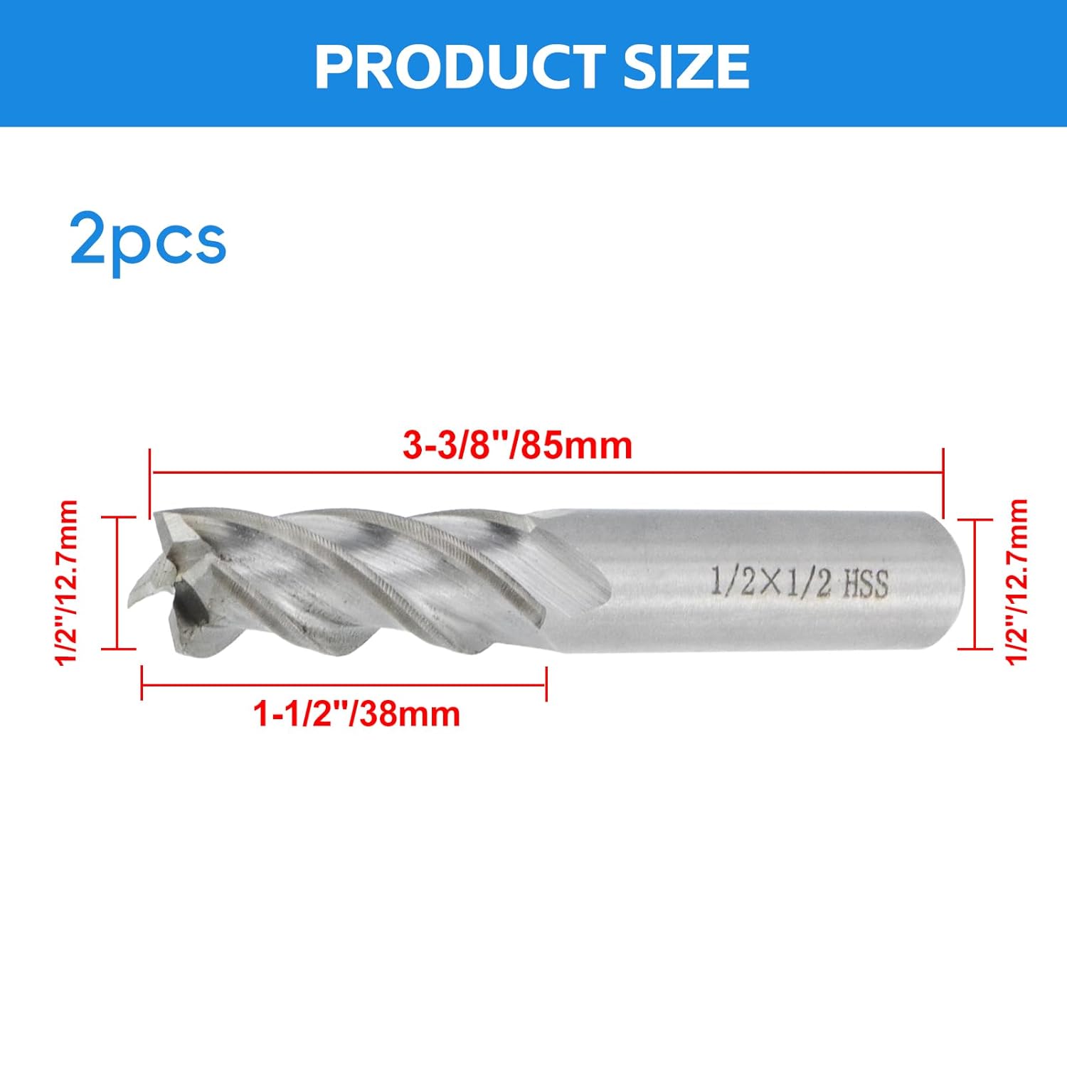 Square End Mill 1/2" Cutting Dia x 1/2" Shank Dia 4 Flute Straight End Mill Cutter - 2pcs V1258-DP02-B-3883