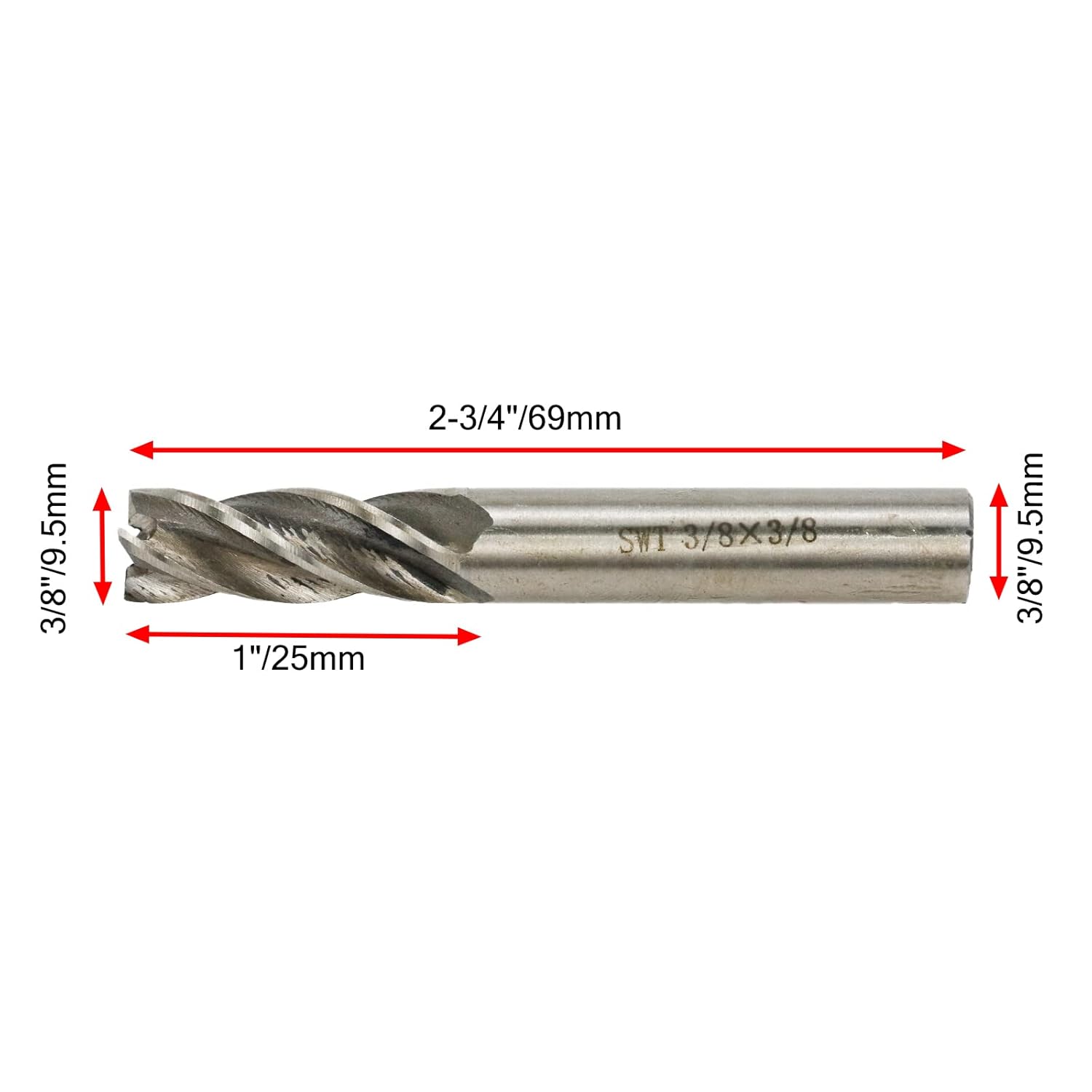 Square End Mill 3/8" Cutting Dia x 3/8" Shank Dia 4 Flute Straight End Mill Cutter - 2pcs V1258-DP02-B-3899
