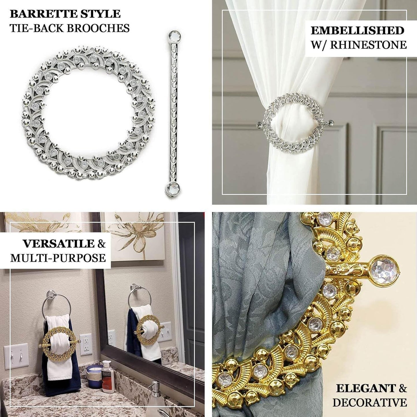 Efavormart 2 Pack | 7" Gold Barrette Style Acrylic Crystal Curtain Tie Backs, Round Backdrop Drapery Brooch V1258-DP02-B-3943