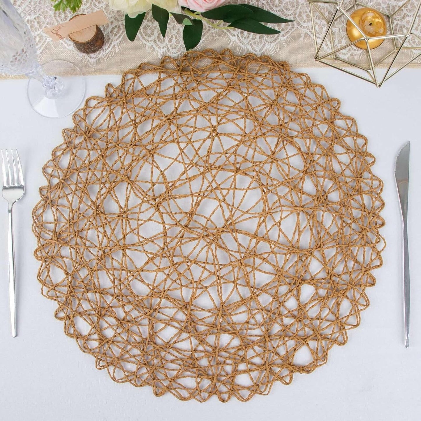 Efavormart 6 Pack 15" Natural Metallic String Round Placemats for Wedding Events Birthday Party V1258-DP02-B-3946