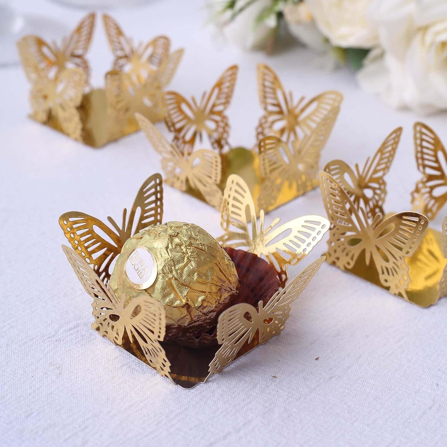 Efavormart 50 Pack | 4" Mini Metallic Gold Butterfly Truffle Cup Dessert Liners, Square Cupcake Tray Wrappers V1258-DP02-B-3951
