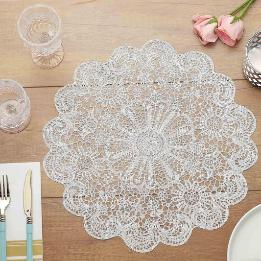 Efavormart 6 Pack 15" White Vintage Floral Vinyl Placemats - Non-Slip Round Metallic Lace Cutout Dining Mats V1258-DP02-B-3954