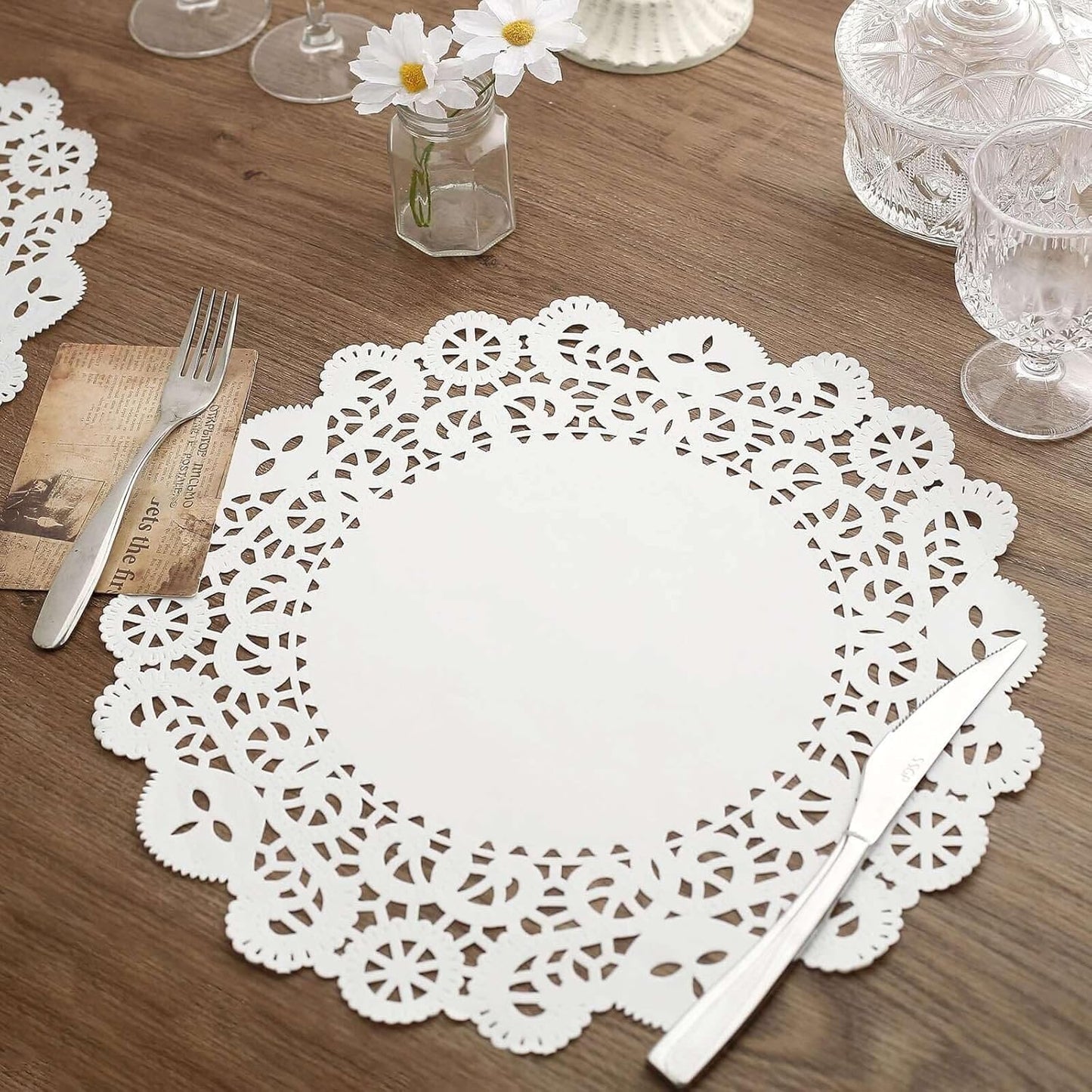 Efavormart 100 Pack Round White Paper Doilies, Food Grade Lace Paper Placemats - 14" V1258-DP02-B-3956