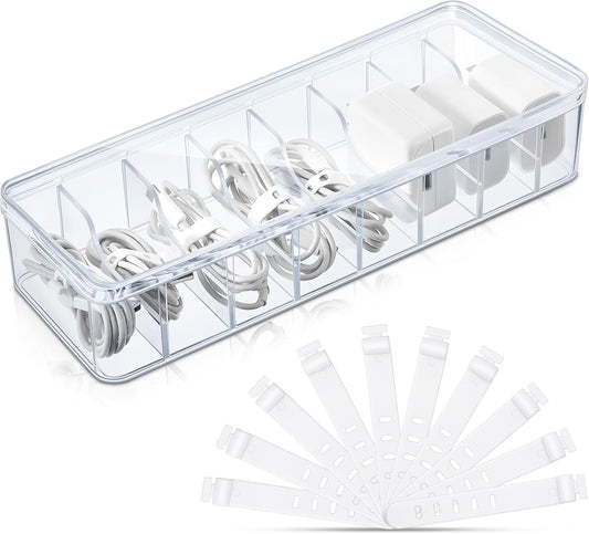 1 Pcs Cable Organizer Box with Wire Ties, Plastic Cord Storage Box with Lid, Electronics Organizer for Home V1258-DP02-B-3993