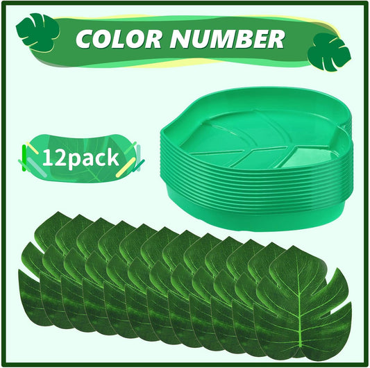 12 Set Palm Leaf Snack Tray Hawaii Reusable Food Tray with Tropical Imitation Green Plant Leaves, Cookies V1258-DP02-B-4006