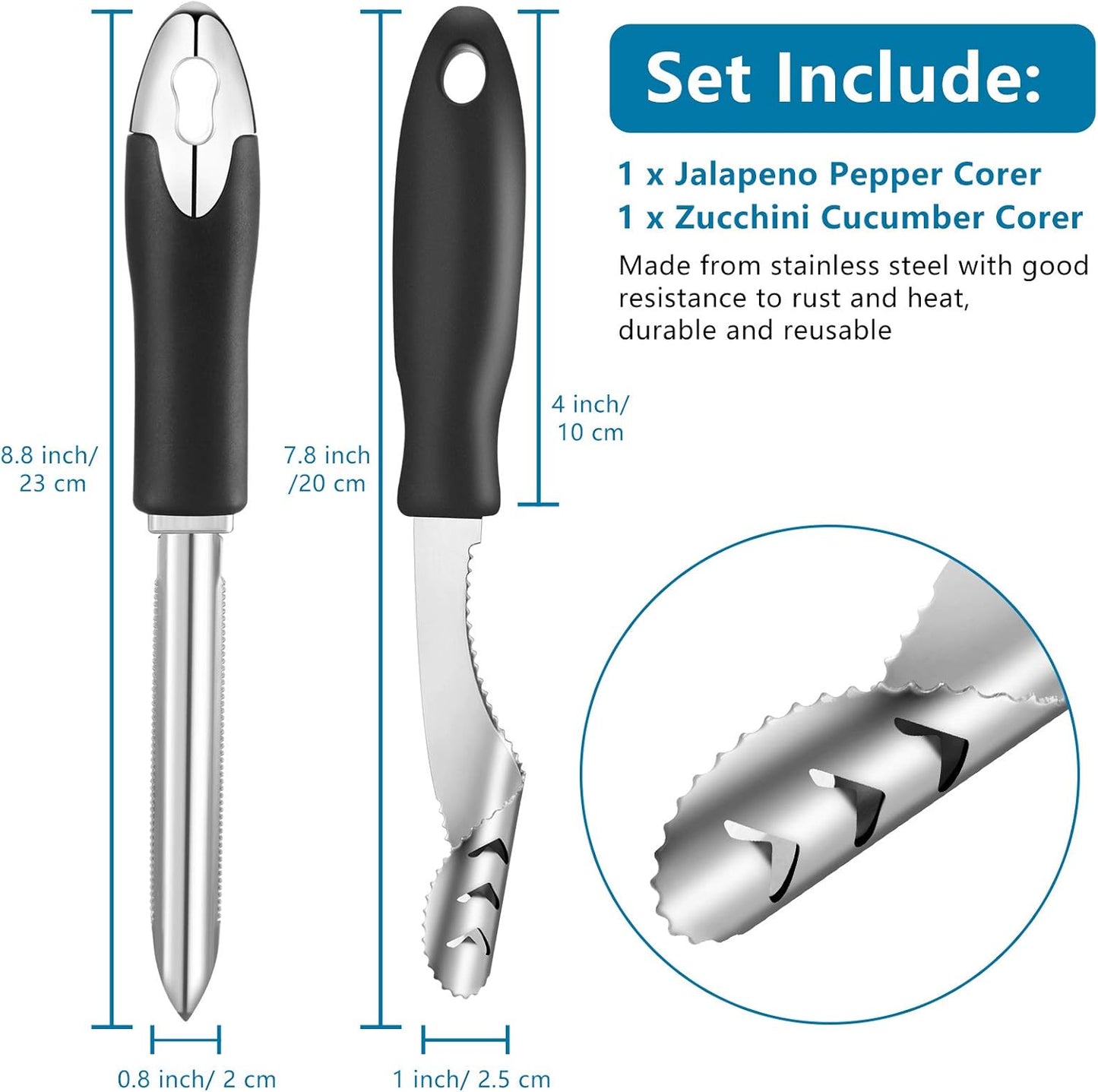 2 Pieces Jalapeno Pepper Corer Zucchini Cucumber Corer Remover with Serrated Slice and Rubber Handle Seed V1258-DP02-B-4007