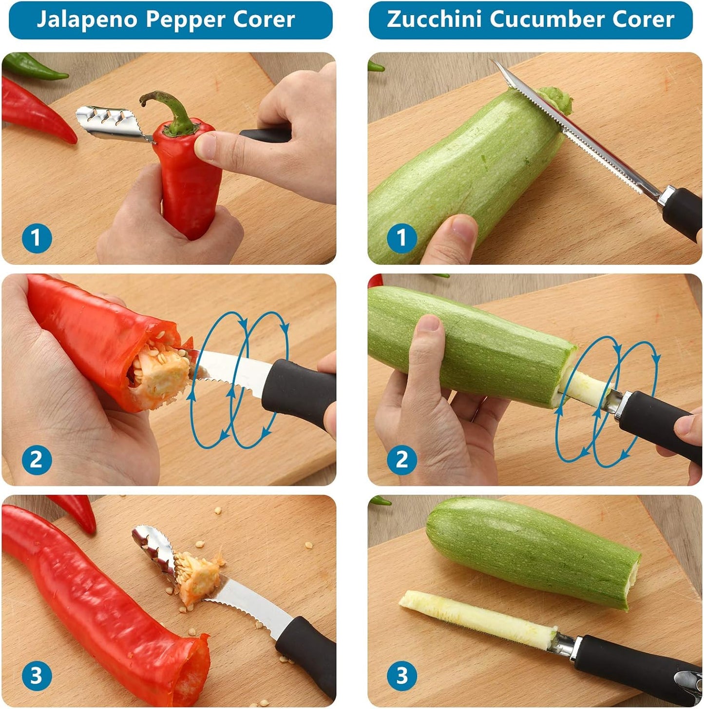 2 Pieces Jalapeno Pepper Corer Zucchini Cucumber Corer Remover with Serrated Slice and Rubber Handle Seed V1258-DP02-B-4007