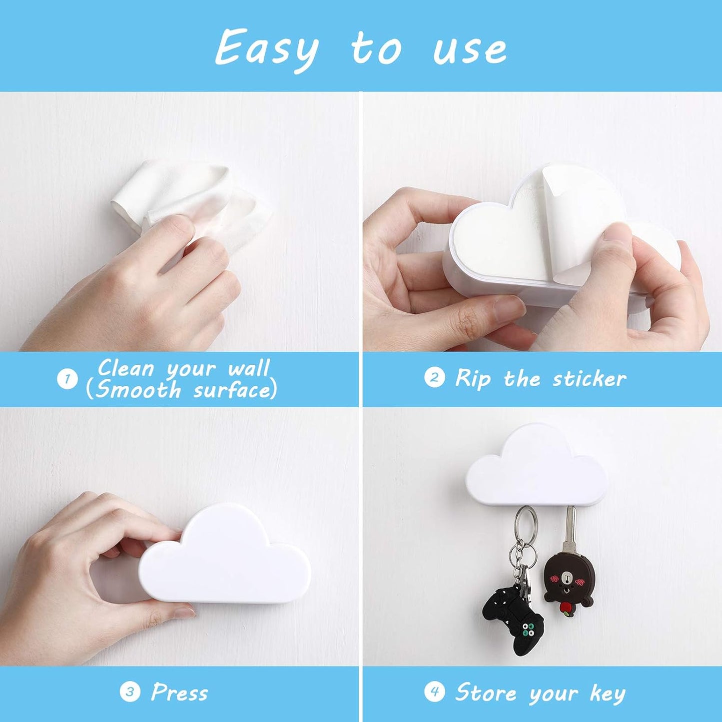 4 Pieces Cloud Magnetic Key Holder for Wall Key Rack Organizer Keychains Hooks with Adhesive for Door(White) V1258-DP02-B-4013