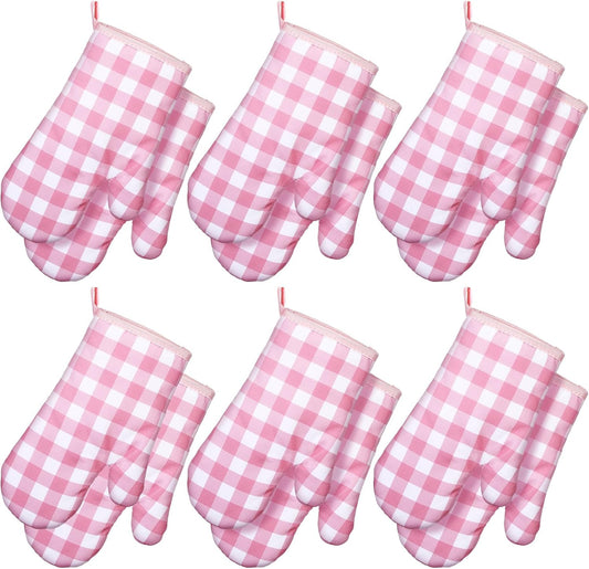 6 Pairs Pink Checkered Oven Mitts Heat Resistant, Vintage Retro Checkerboard Cute Oven Mitts, Extra Thicken V1258-DP02-B-4014