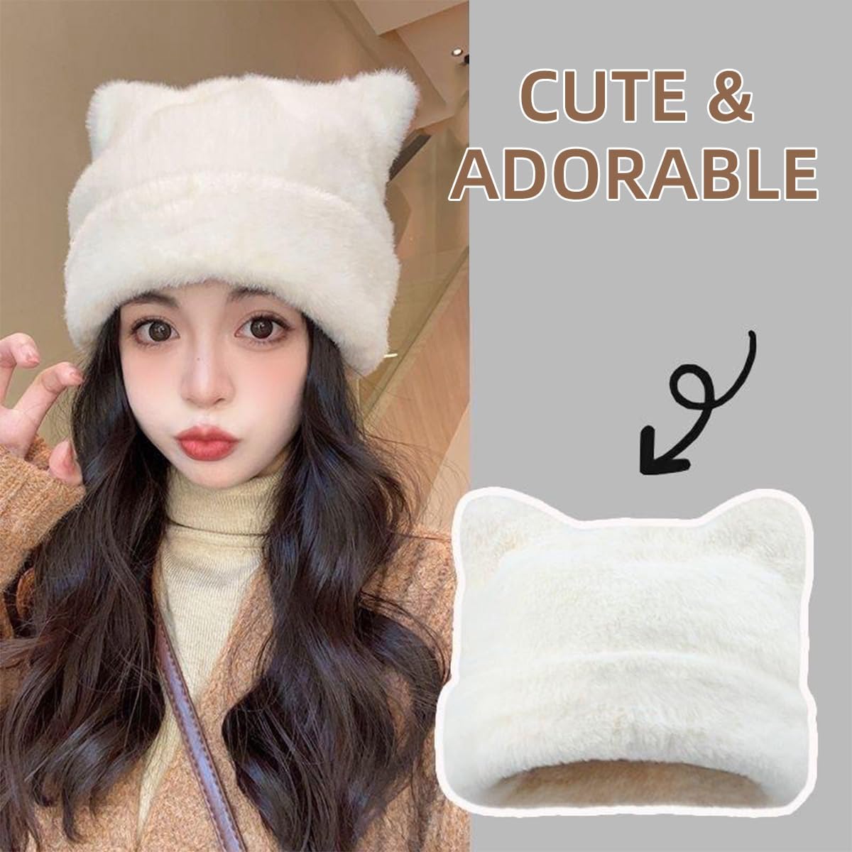 Womens Winter Beanie Hat Cute Cat/Bear Ear Hat for Women, Large Size Warm Plush Hat, Ears with Support - DIY V1258-DP02-B-4019