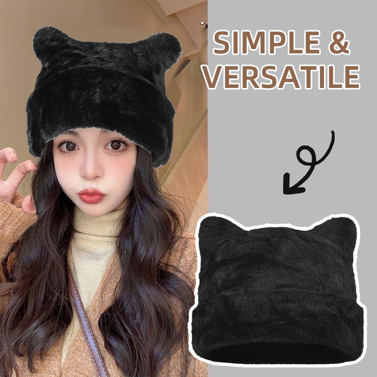 Womens Winter Beanie Hat Cute Cat/Bear Ear Hat for Women, Large Size Warm Plush Hat, Ears with Support - DIY V1258-DP02-B-4019