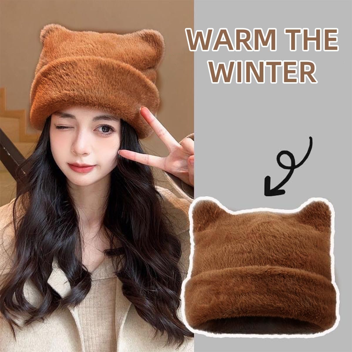Womens Winter Beanie Hat Cute Cat/Bear Ear Hat for Women, Large Size Warm Plush Hat, Ears with Support - DIY V1258-DP02-B-4019