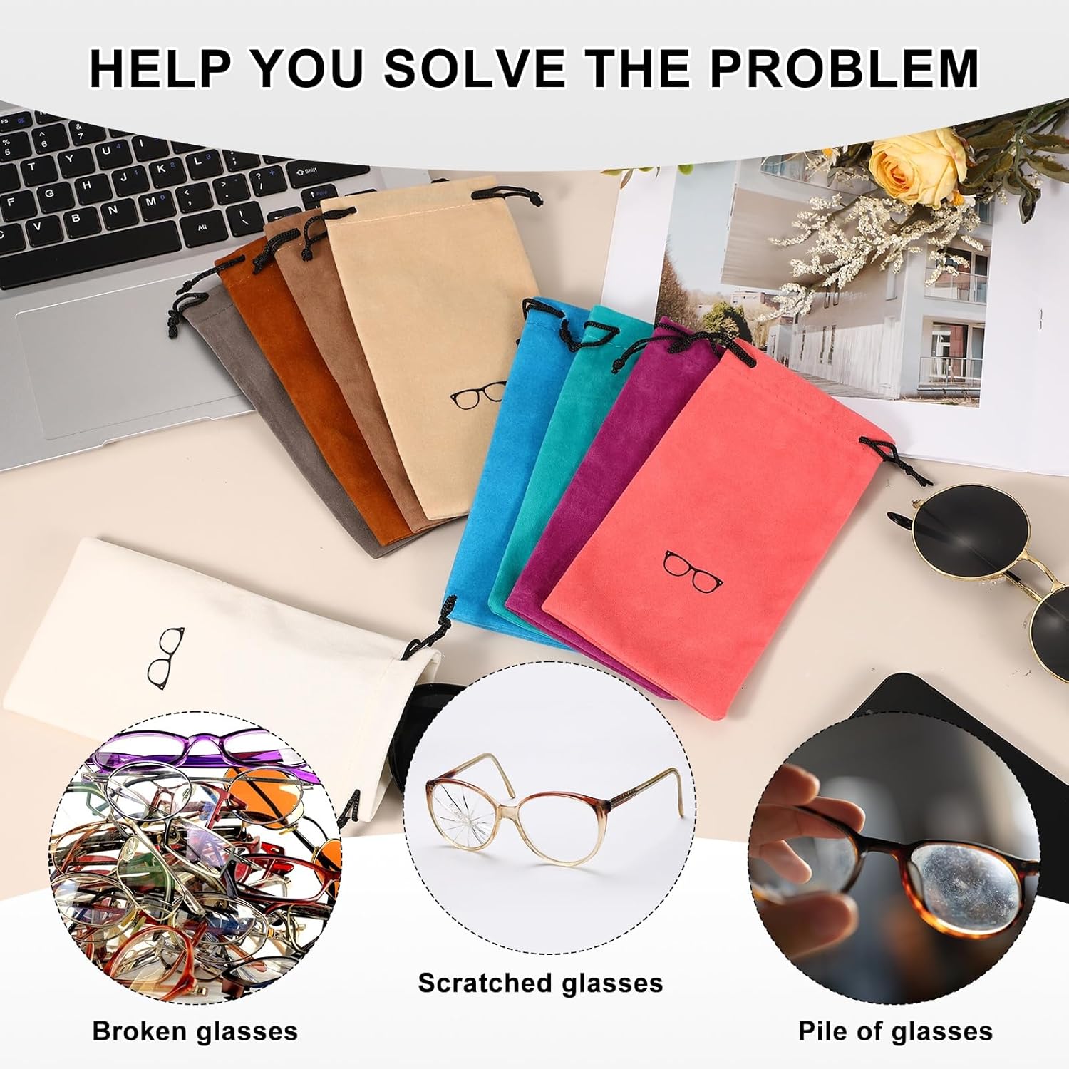 Flocking Eyeglass Cases, Sunglass Case Portable Glasses Pouch with Drawstring Sunglasses Bag with Glasses V1258-DP02-B-4031