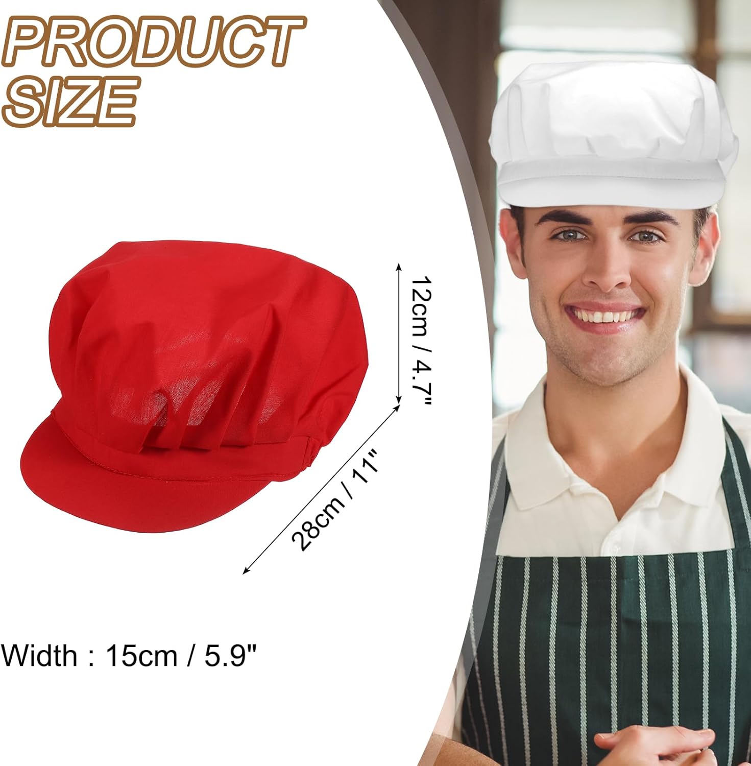Chef Hat, Adjustable Elastic Band Cotton Baker Hat for Women and Men, Full Cloth Baker Hat Food Service Hair V1258-DP02-B-4035