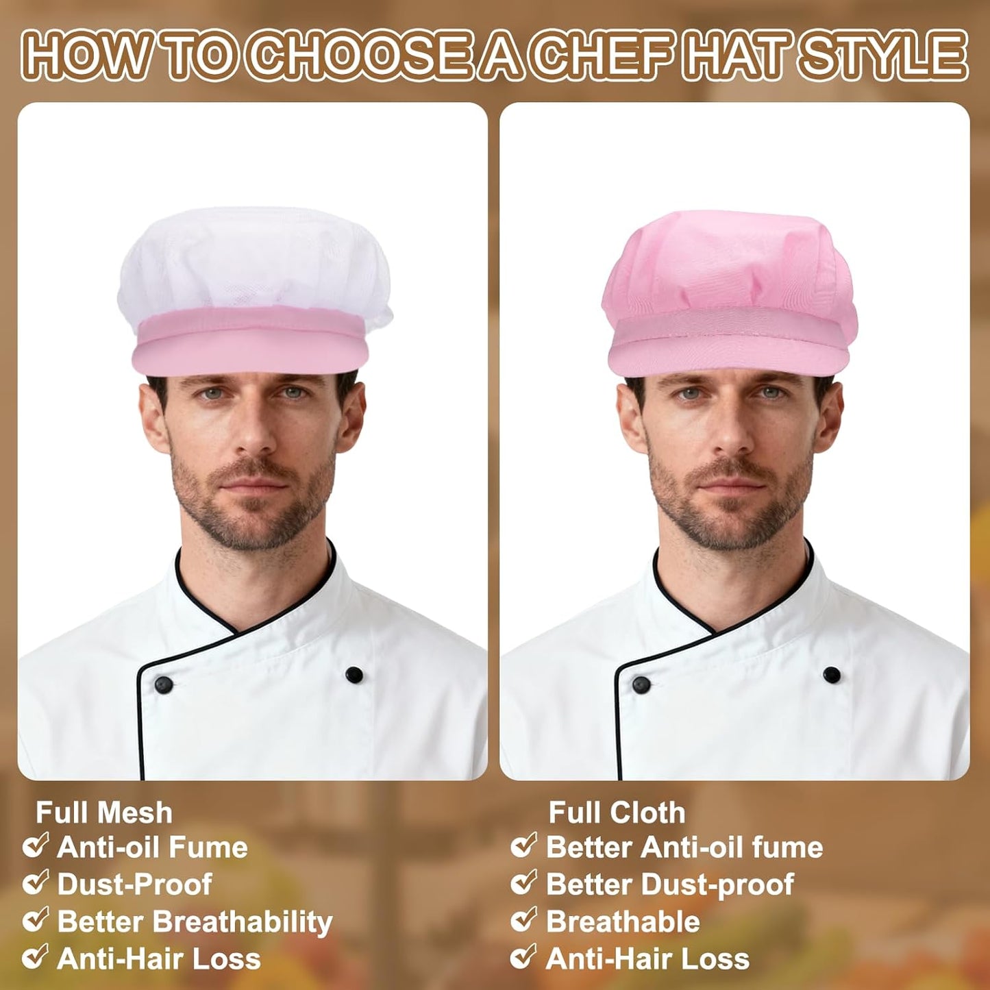 Chef Hat, Adjustable Elastic Band Cotton Baker Hat for Women and Men, Full Cloth Baker Hat Food Service Hair V1258-DP02-B-4035