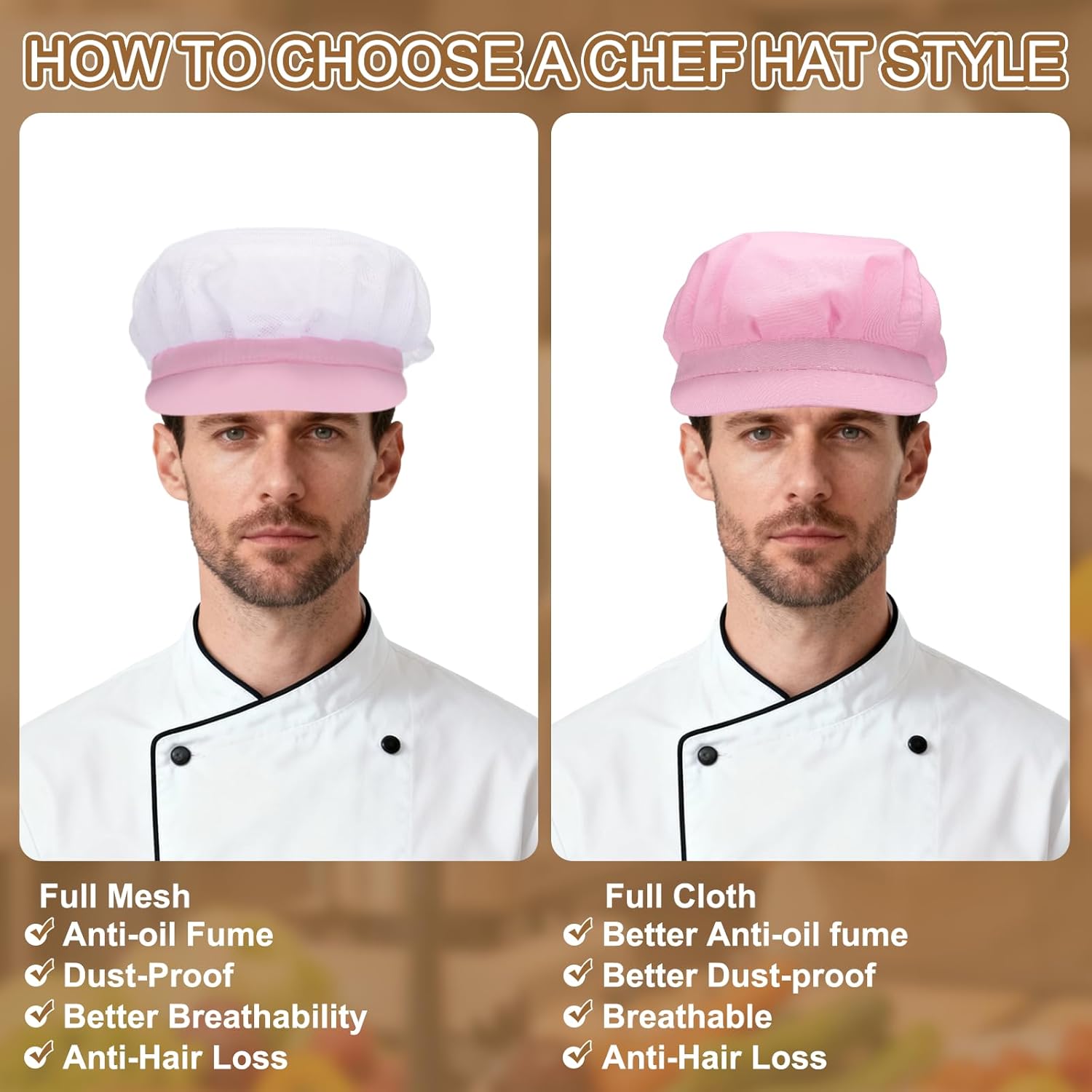 Chef Hat, Adjustable Elastic Band Cotton Baker Hat for Women and Men, Full Cloth Baker Hat Food Service Hair V1258-DP02-B-4035