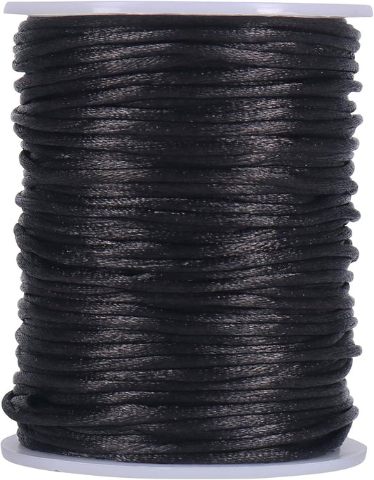 Nylon Satin Cord, 295 Feet 2mm Black Silky Rattail Cord Necklace String for Jewelry Making, Bracelets, V1258-DP02-B-404