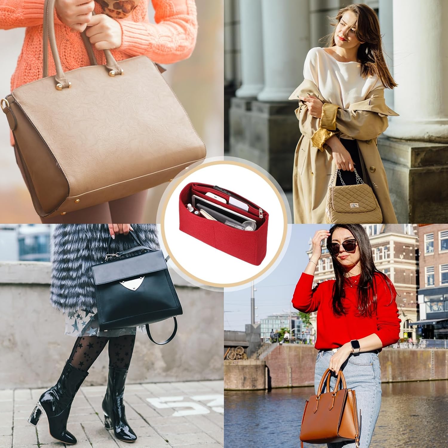 Purse Organizer Insert, Felt Portable Handbag Shaper Multiple Compartments Liner Pouch for Handbag Purse Tote V1258-DP02-B-4083