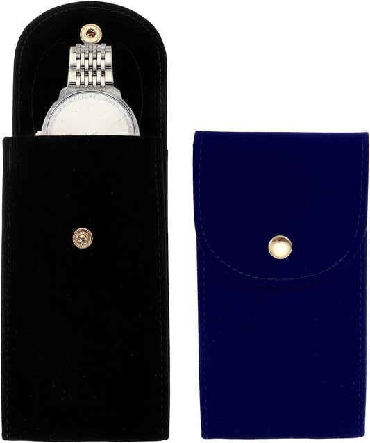 2 Pcs Velvet Watch Pouch, Portable Watch Travel Case Soft Watch Storage Bag with Snap Button Concave Inner V1258-DP02-B-4091