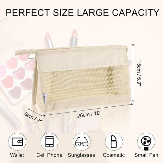 Mesh Makeup Bag, Large Capacity Travel Zipper Cosmetic Bags, Beach Mesh Toiletry Pouches Purse Storage V1258-DP02-B-4100