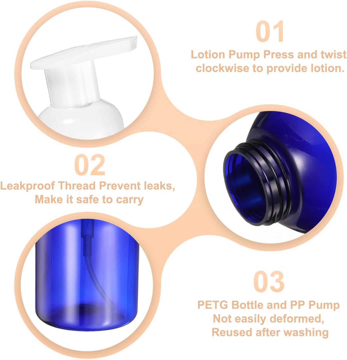 2PCS Round Empty Foam Pump Bottle, 350ml Travel Foam Soap Dispenser Empty Refillable Plastic Pump Bottle for V1258-DP02-B-4105