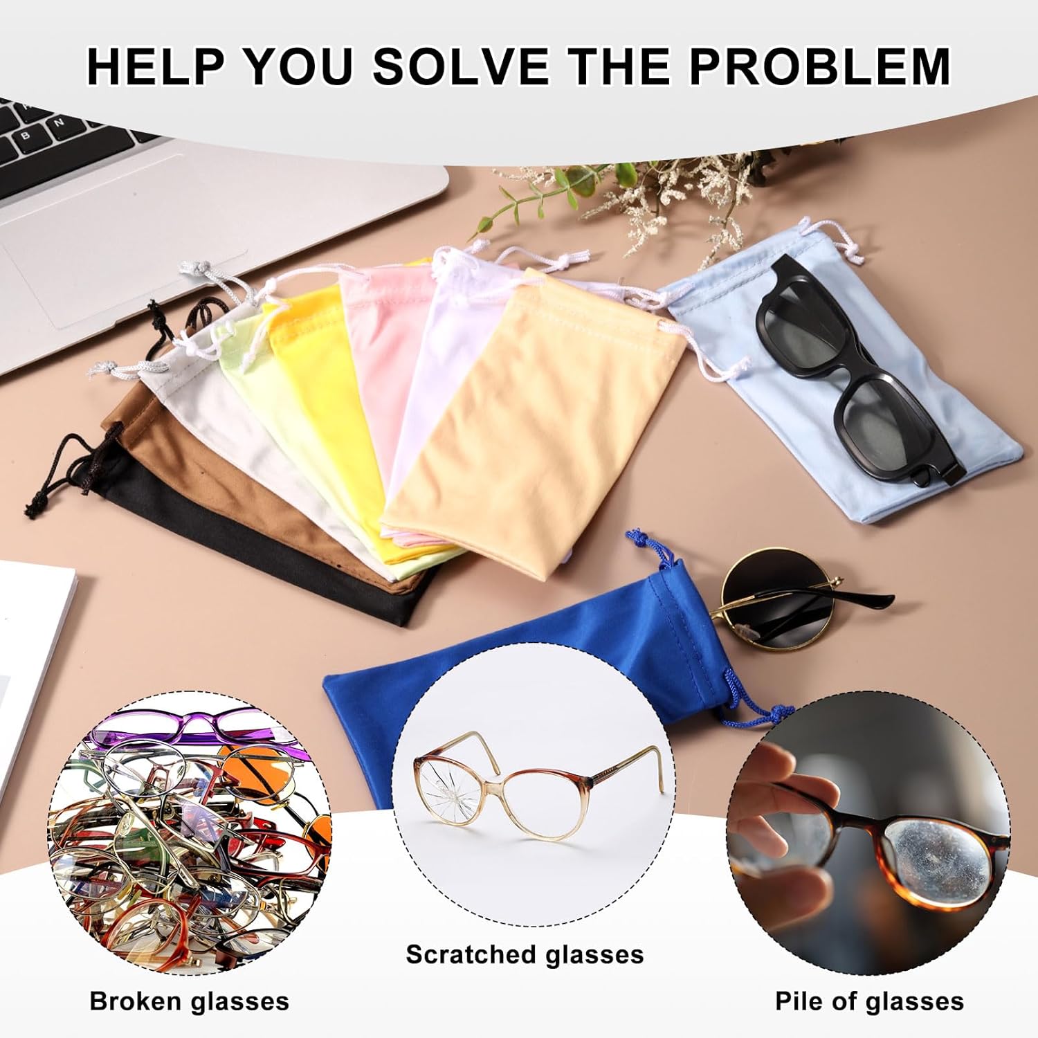 Microfiber Eyeglass Cases Glasses, Sunglasses Storage Bag with Drawstring, Soft Glasses Pouch Travel for V1258-DP02-B-4107