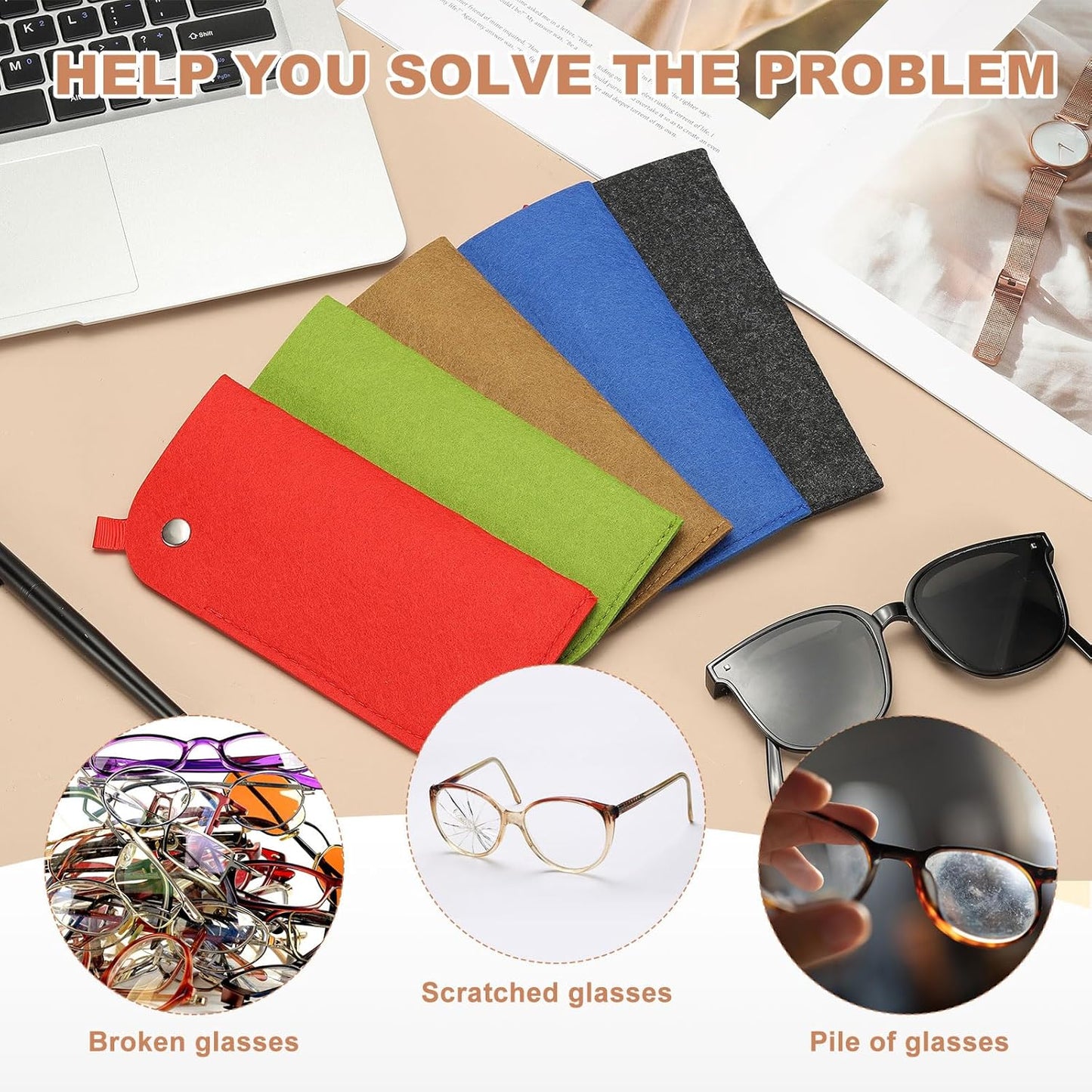 Portable Felt Glasses Case, Soft Slip-in Pouch Case, Ear Hanging Eyeglasses Bag Sunglasses Storage Pouch V1258-DP02-B-4122