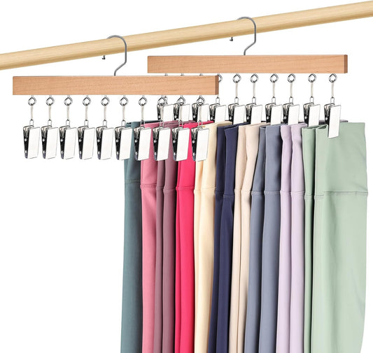 2 Pack Legging Hangers for Closet, Wooden Legging Hanger for Closet Organizer with 20 Upgraded Clips Holds 20 V1258-DP02-B-4133