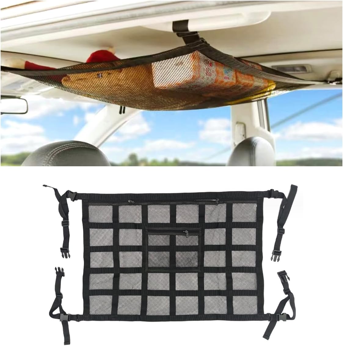 Car Ceiling Cargo Net Pocket, 30" x 21.2", Droop Less Car Storage Organizer, Strengthen Load Bearing Double V1258-DP02-B-4135