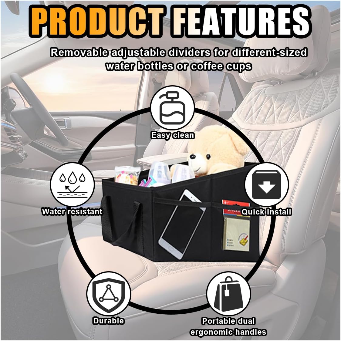 Car Seat Organizer, Foldable Car Storage Organizer with 4 Cup Holders, Rear & Front Seat Storage Bags, Black V1258-DP02-B-4139
