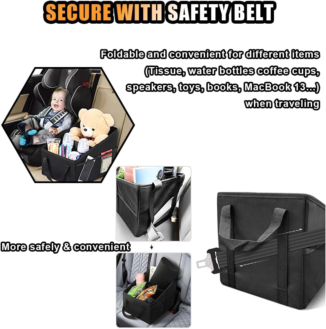 Car Seat Organizer, Foldable Car Storage Organizer with 4 Cup Holders, Rear & Front Seat Storage Bags, Black V1258-DP02-B-4139