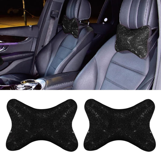 2PCS Car Neck Pillow for Driving Seat, Bling Crystal Rhinestone Diamond Comfortable Headrest Cushion, Head V1258-DP02-B-4144
