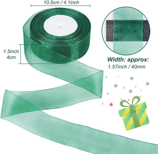 Green Sheer Ribbon, 50 Yards 1-1/2 inch Wide Shimmer Sheer Organza Ribbon for Bow Making, Gift Wrapping, Box V1258-DP02-B-416
