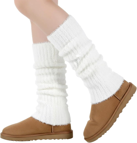 White Fuzzy Leg Warmers Fluffy Knit Ankle Socks Winter Ruffle Kawaii Leg Warmers Ankle Warmer College Concert V1258-DP02-B-4196