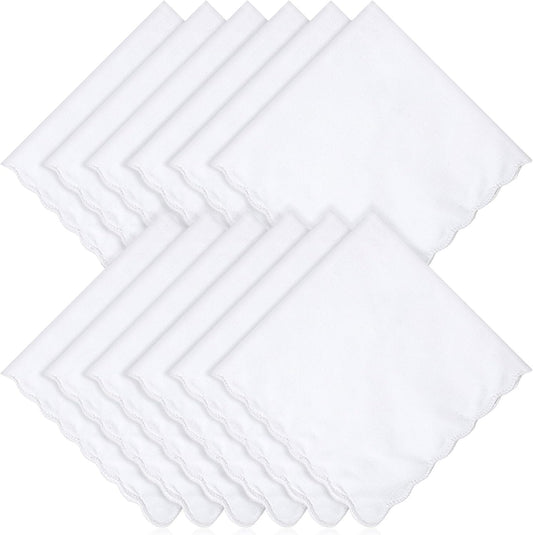 12 Pcs White Handkerchiefs for Women, Premium Polyester Soft Scalloped Edge Ladies Handkerchiefs Hankies, V1258-DP02-B-4197