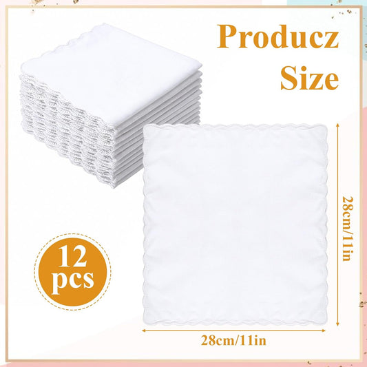 12 Pcs White Handkerchiefs for Women, Premium Polyester Soft Scalloped Edge Ladies Handkerchiefs Hankies, V1258-DP02-B-4197