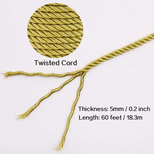 5mm Twisted Cord Trim, 59 Feet Gold Decorative Rope for Curtain Tieback, Upholstery, Honor Cord, Home Decor V1258-DP02-B-421