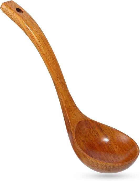 Wooden Ladle, 11" Long Handle Soup Ladle Spoon 3 fl oz Extra Large Kitchen Wooden Scoop Deep Teak Wood Spoon V1258-DP02-B-4215