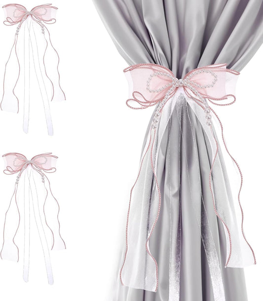 2 PCS Bow Curtain Tiebacks, Elegant Pink Bow Butterfly Curtain Tiebacks with Pearls Sweet Bowknot Holdbacks V1258-DP02-B-4226