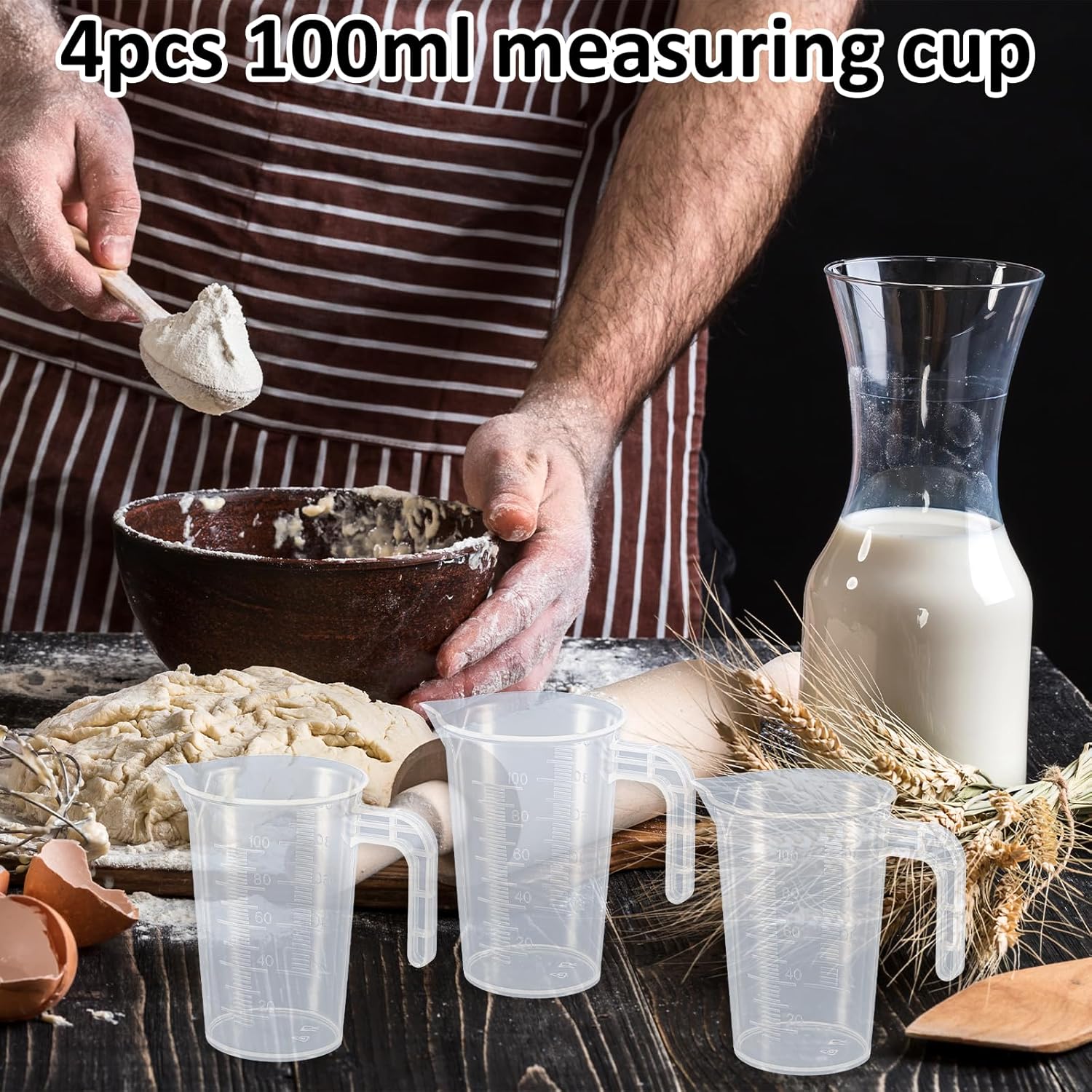 Plastic Measuring Beaker, 4 Pcs Liquid Measuring Cups, 100 ml Unbreakable Graduated Beakers with Handle and V1258-DP02-B-4234
