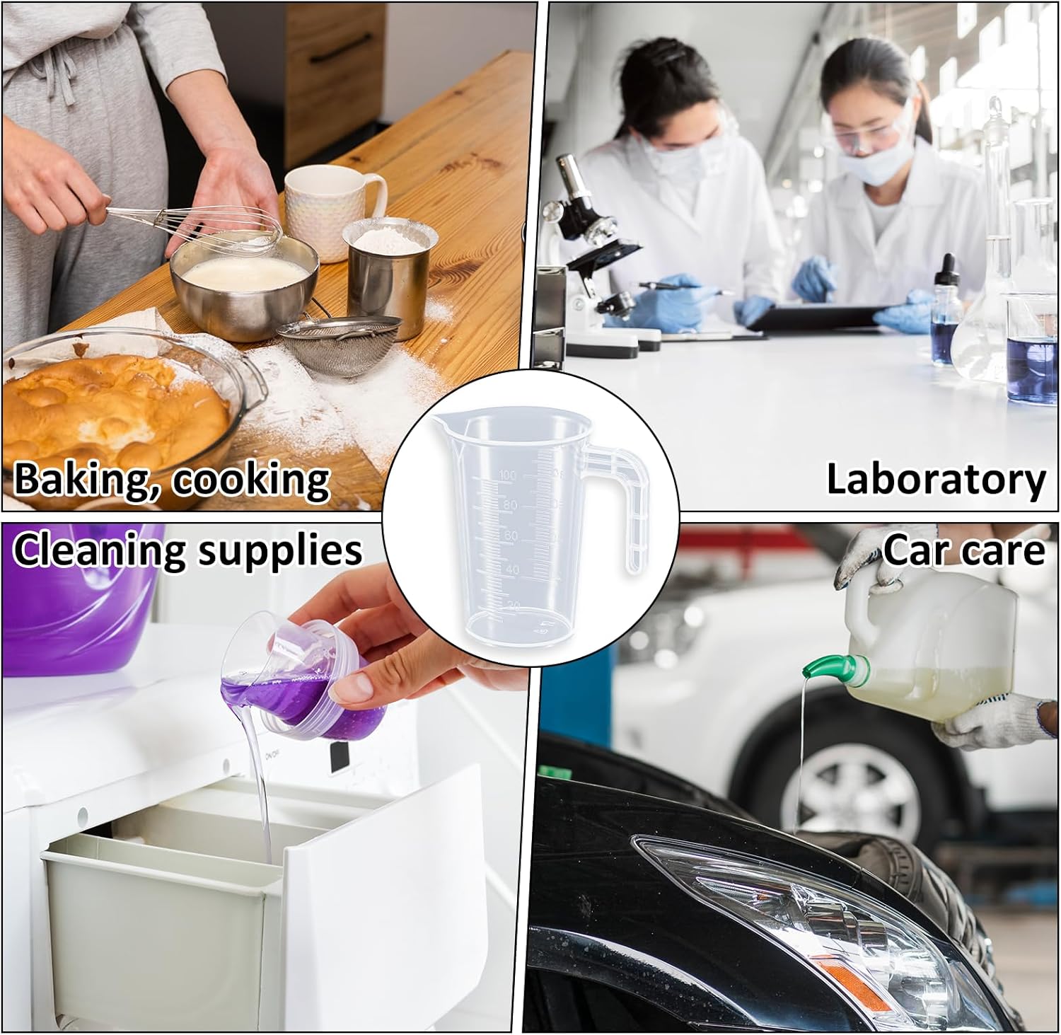 Plastic Measuring Beaker, 4 Pcs Liquid Measuring Cups, 100 ml Unbreakable Graduated Beakers with Handle and V1258-DP02-B-4234
